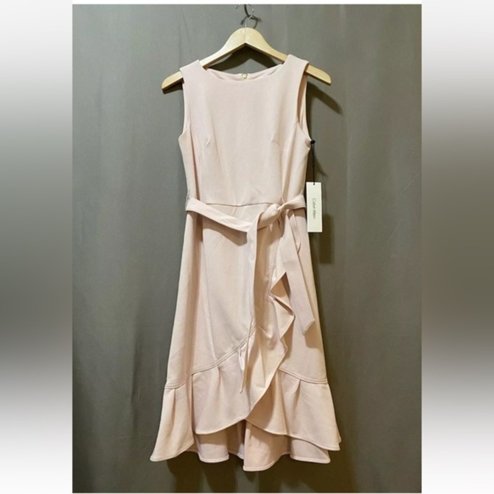 Calvin Klein Women Sleeveless Belted Ruffle Hem Sheath Dress SZ 10 Light Pink